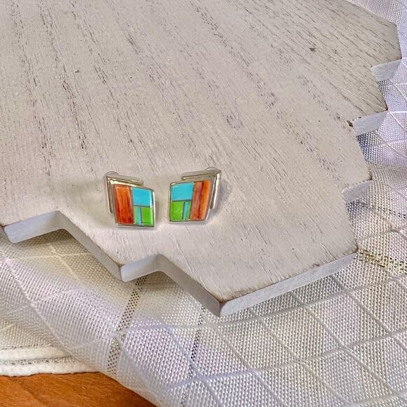 VTG A Francisco Native Navajo Spiny Oyster Turquoise Sterling Vintage Earrings - Picture 7 of 10